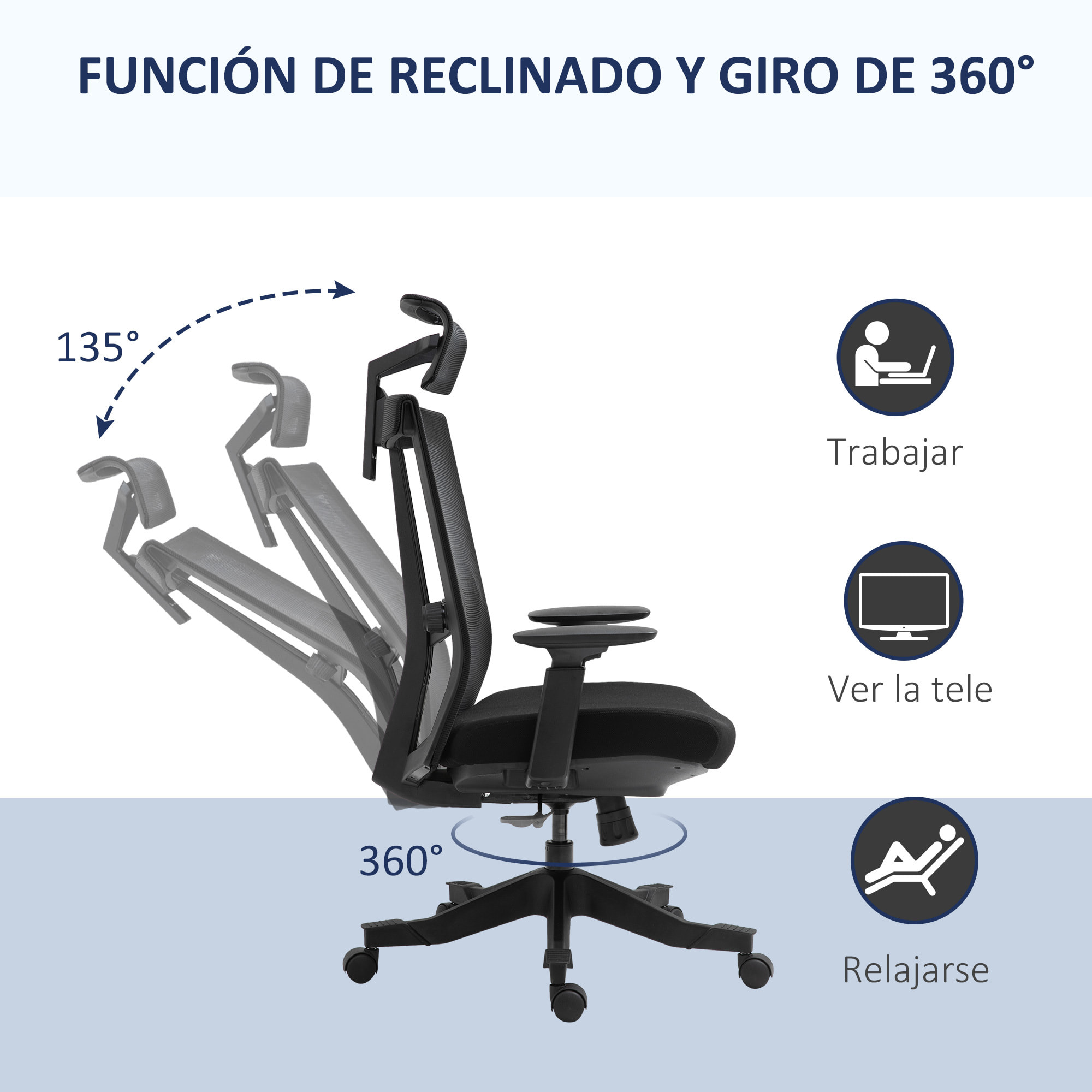 Vinsetto Silla de Oficina Ergonómica Silla de Malla Giratoria y Reclinable con Altura Ajustable Reposabrazos Reposacabezas y Soporte Lumbar Regulable 66,5x66x109-118 cm Negro