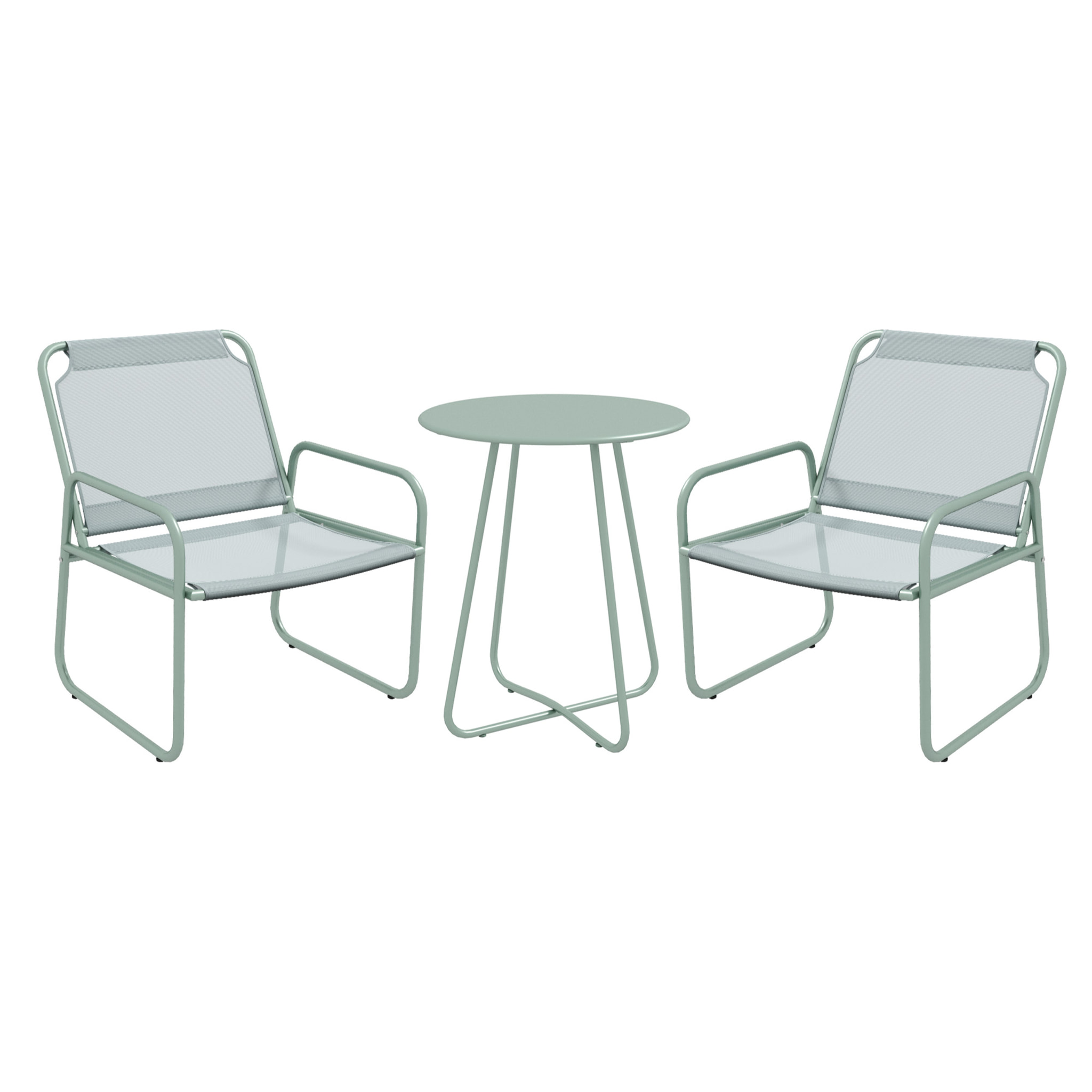 Conjunto de Muebles de Jardín Juego de 1 Mesa Redonda y 2 Sillas de Terraza con Marco de Acero Reposabrazos y Almohadillas Ajustables para los Pies para Balcón Patio Verde