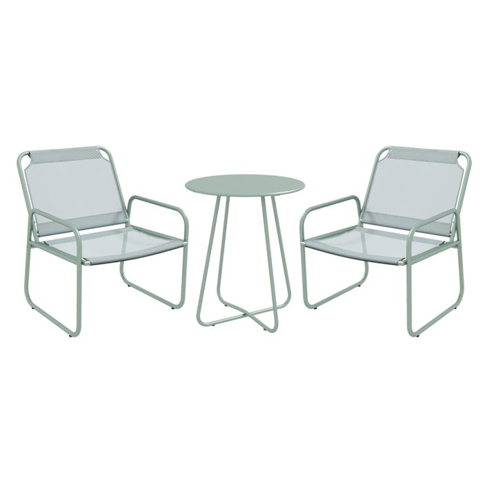 Conjunto de Muebles de Jardín Juego de 1 Mesa Redonda y 2 Sillas de Terraza con Marco de Acero Reposabrazos y Almohadillas Ajustables para los Pies para Balcón Patio Verde
