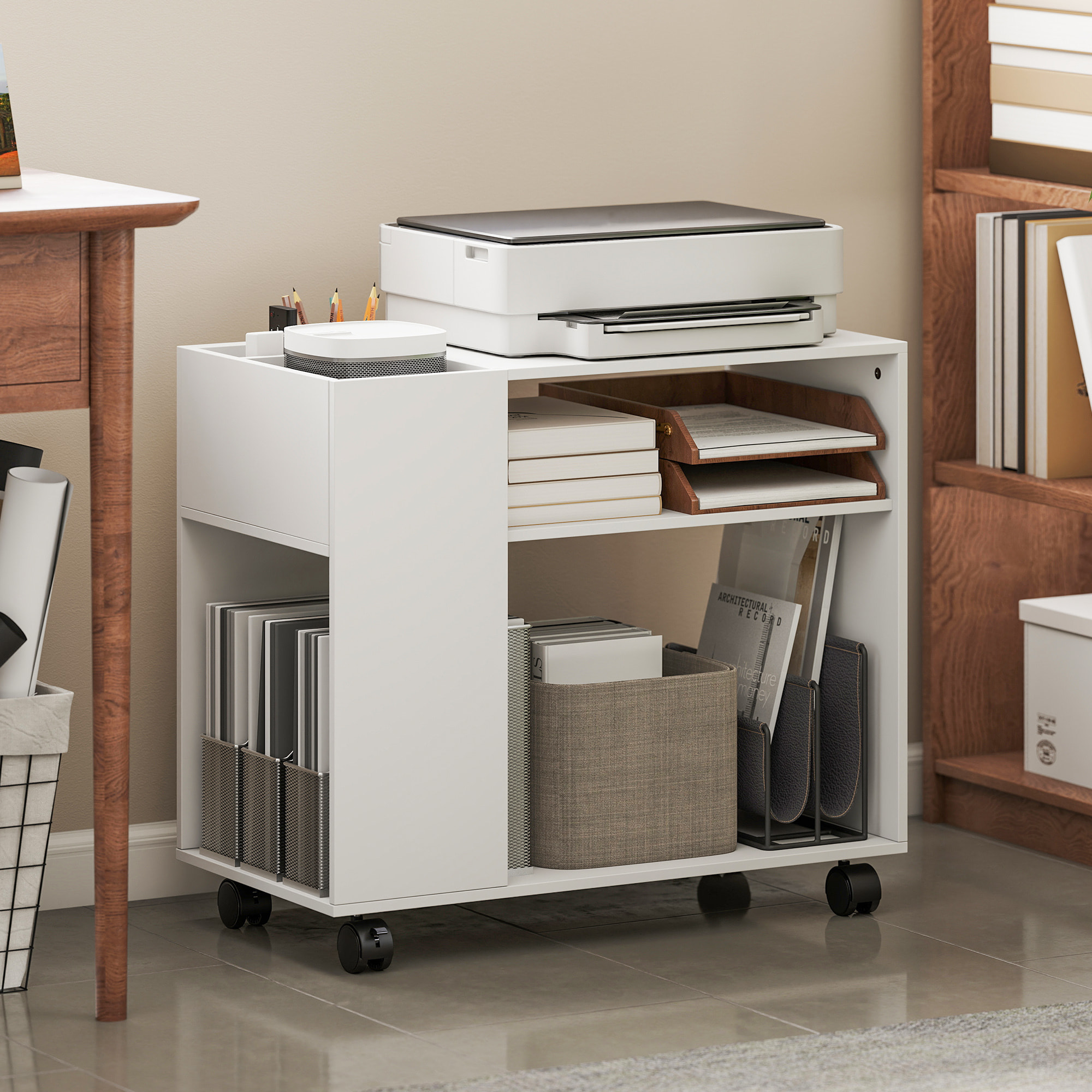 Mueble para Impresora con Ruedas, Soporte de Impresora con Compartimentos Superiores, Estantes Abiertos, para Oficina, Hogar, Estudio, 70x36x60 cm, Blanco