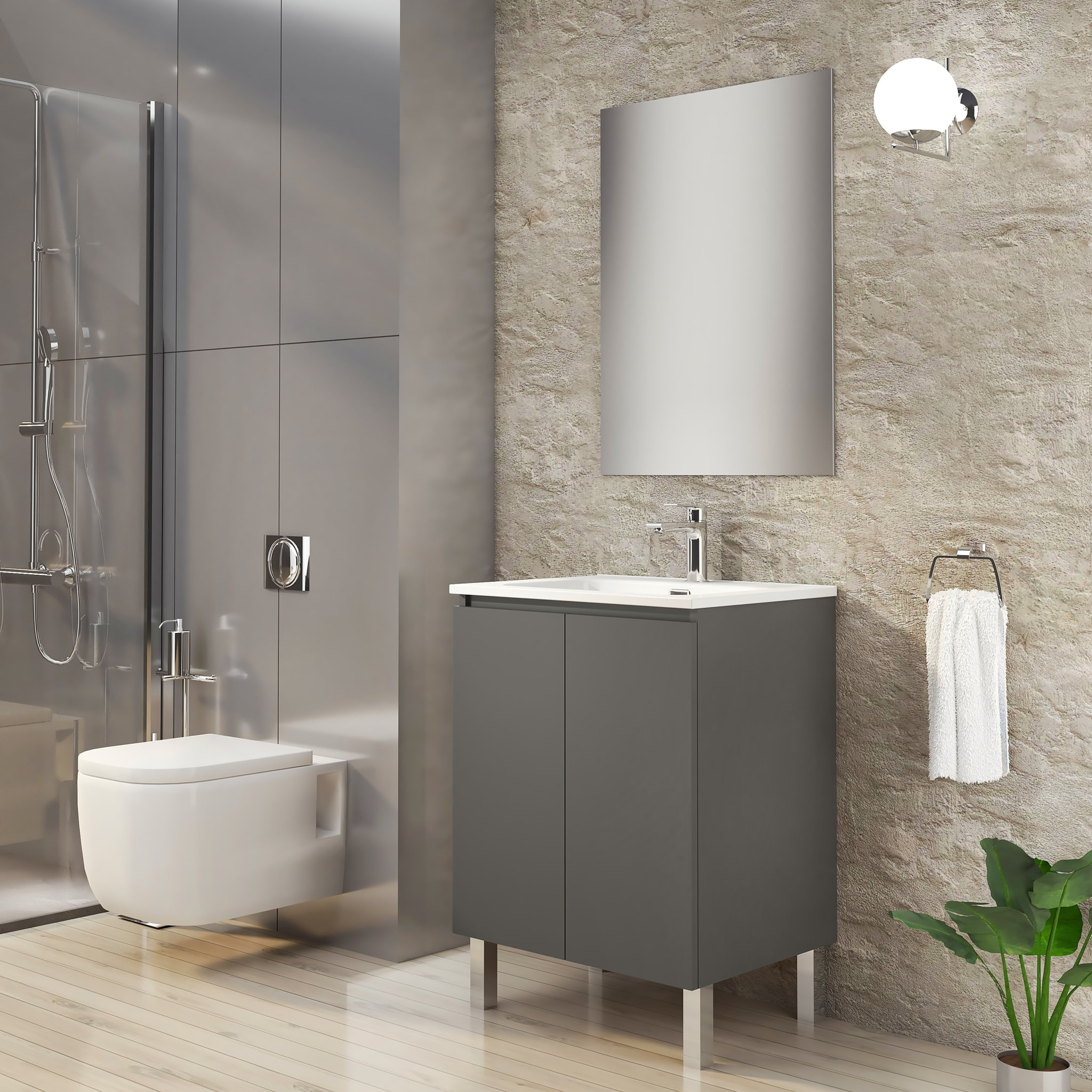 Ensemble de Salle de Bain Lust | 60 cm Gris Mat | Deux Portes | Lavabo Encastré | N'inclut pas le Miroir | Meuble Assemblé | Alday