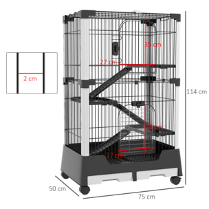 Jaula para Animales Pequeños con Ruedas 114x75x50 cm Valla para Mascotas con 3 Plataformas 3 Rampas Bandejas Extraíbles para Hurones Conejos Negro