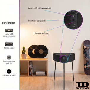 Mesa auxiliar altavoz portátil con sonido de 20W, Bluetooth, Base de carga inalámbrica, batería de 2500mAh. Mesilla o mesita para dormitorio o sala de estar - TD Systems SM20B11PGO [Gris oscuro]