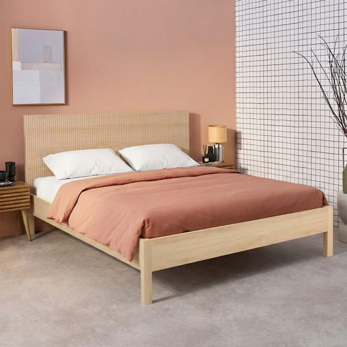 Lit avec sommier à lattes et tête de lit 160x200cm décor bois LINEAR
