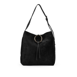 Bolso de hombro negro en ante con argolla metálica