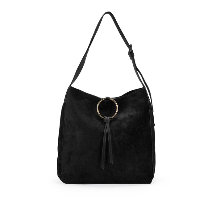 Bolso de hombro negro en ante con argolla metálica