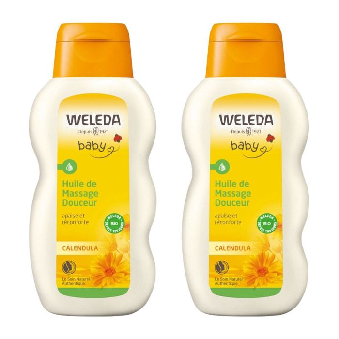 WELEDA - Duo Huile de Massage Douceur au calendula  - Eveil et soin - Vegan* - Certifié Natrue**- Flacon 200 ml x 2