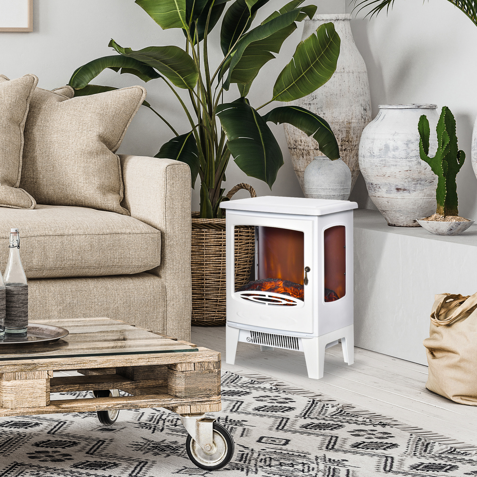 Cheminée électrique poêle style néo-rétro 1000-2000 W simulation flammes LED luminosité réglable acier ABS blanc