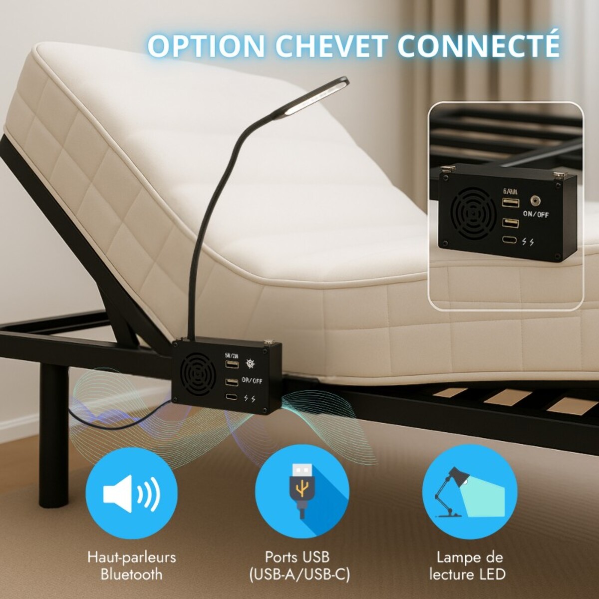 Lit Électrique Orthoflex avec chevet connecté| Sommier à lattes en bois de pin