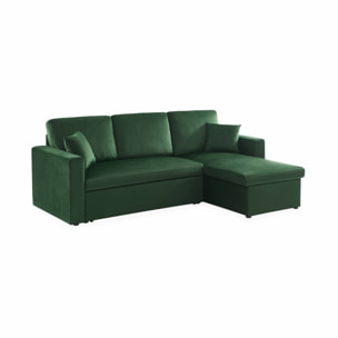 Canapé d'angle convertible en velours vert anglais 3 places. fauteuil d'angle réversible coffre rangement lit modulable