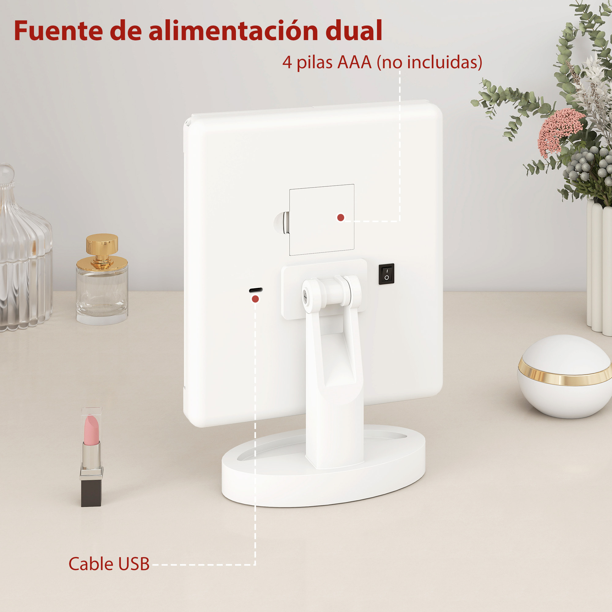 Espejo Maquillaje con Luz, Espejo Tocador Triple, con Aumento 1X/2X/3X, Rotación Libre de 180°, 21 Luces LED, Interruptor Táctil, Fuente de Alimentación Dual, Blanco
