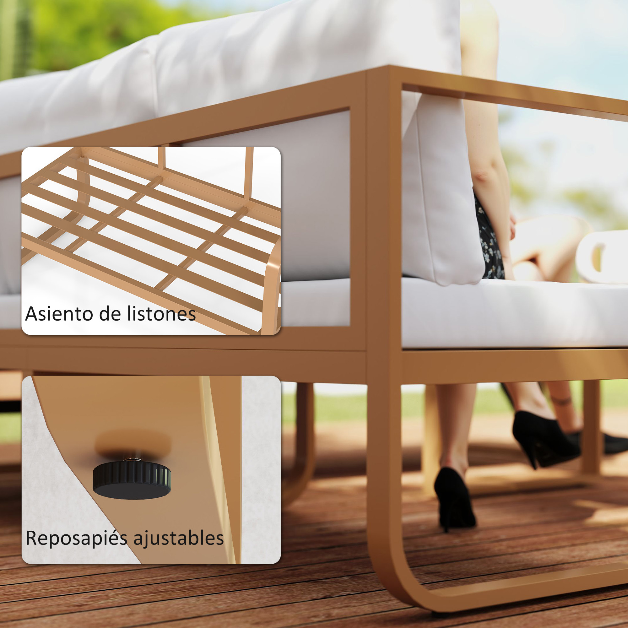Conjunto de Jardín Exterior de 3 Piezas Muebles Jardín Exterior con Sofá de 3 Plazas con Asiento Ajustable Sofá de 2 Plazas y Mesa de Centro de Vidrio con Cojines Crema