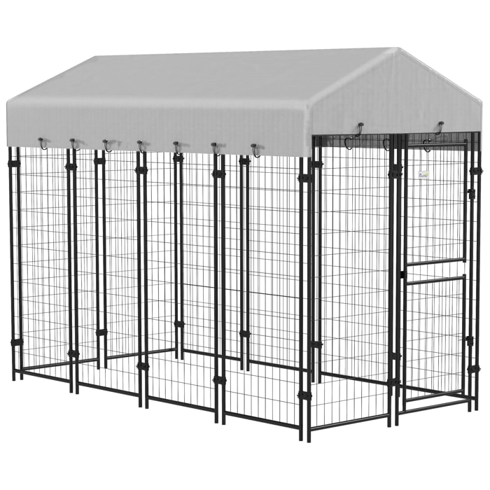 Chenil extérieur chien - cage chien - enclos chien - toile toit imperméable anti-UV, 2 portes verrouillables - acier noir PE gris