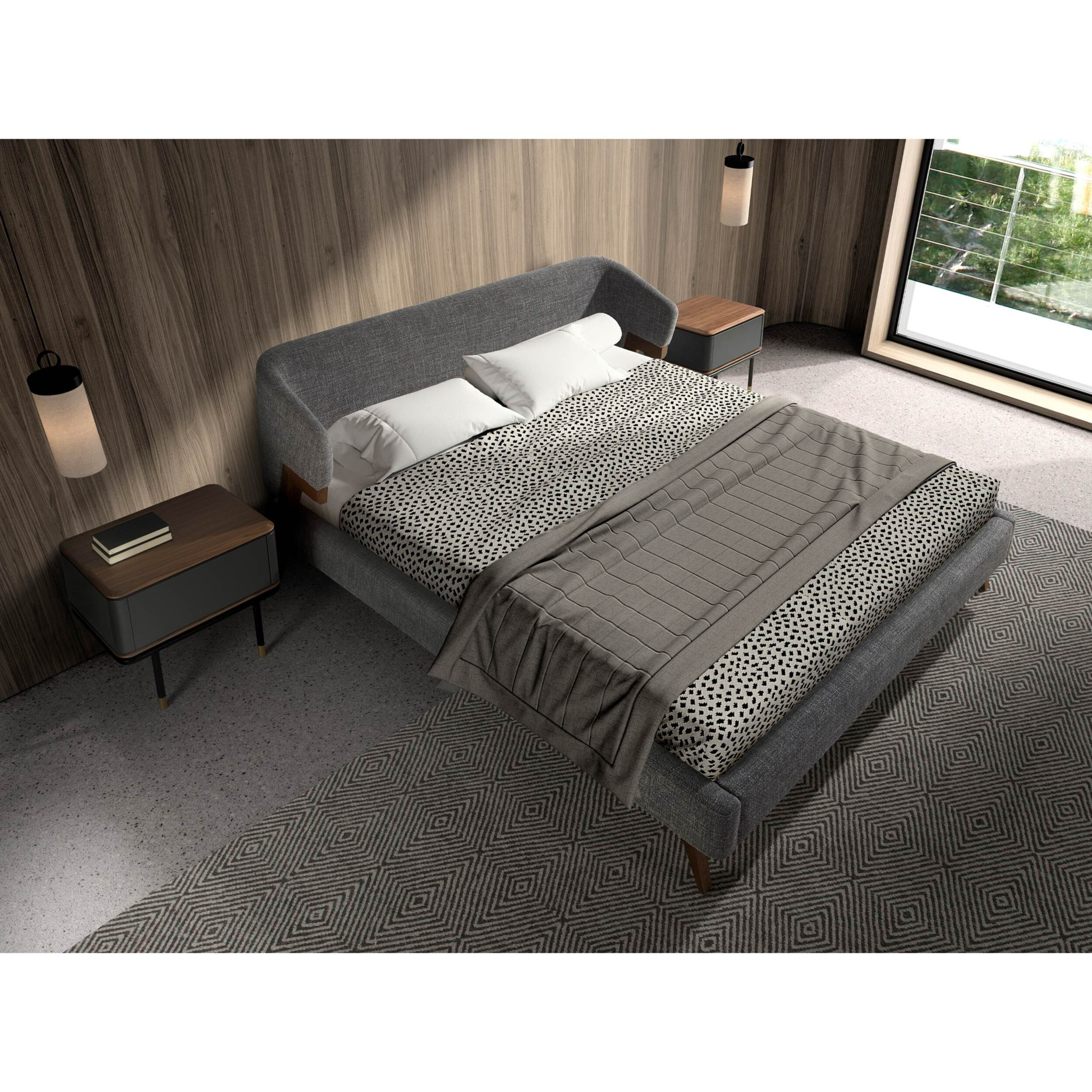 Cama de matrimonio en tela gris y patas de madera chapada en nogal natural 211x220x95cm