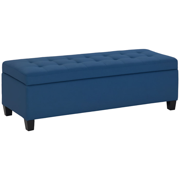 Banquette coffre style Chersterfield siège capitonné tissu pieds bois dim. 125 x 49 x 41 cm bleu