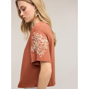 Motivi - T-shirt in jersey con ricami floreali - Marrone