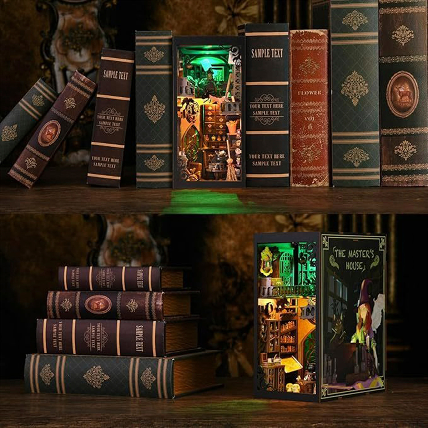 La casa de la Maestra. Book Nook de madera, diseño 3D realista con gran detalle, cubierta y luces led. 391 piezas.