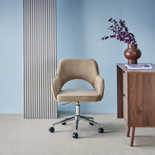 Chaise de bureau à roulettes velours côtelé taupe piétement chromé. L 60 x P 62 x H 89 / 99cm