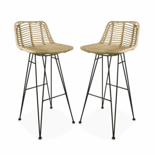 Deux tabourets de bar en rotin naturel et métal. coussins beige  75cm- Cahya