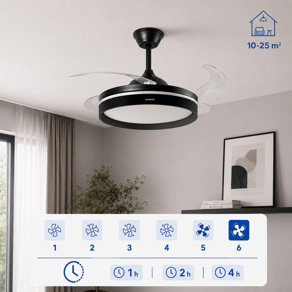 Ventilatore da soffitto con luce LED, 4 pale retrattili e telecomando InnovaGoods