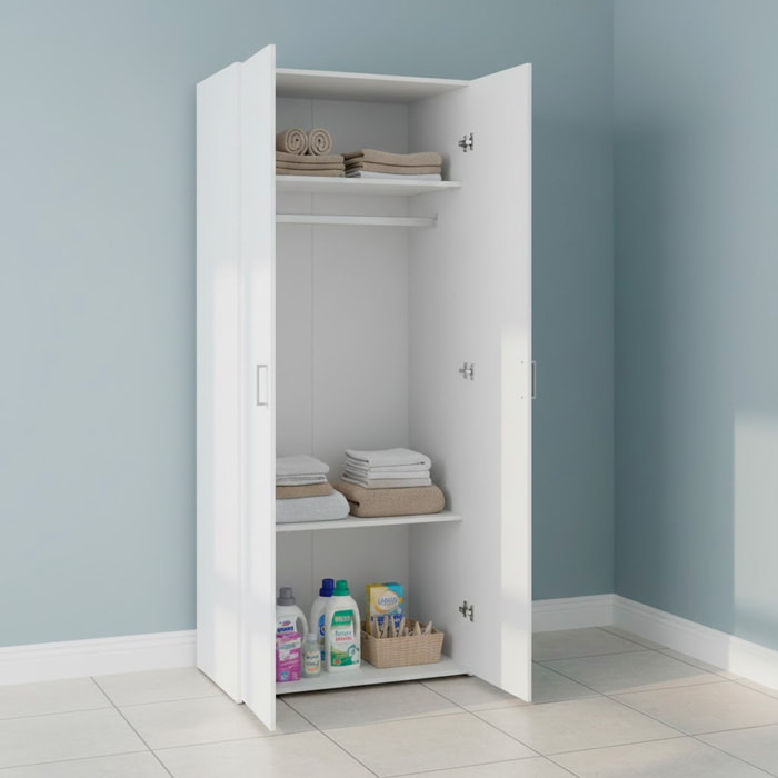 Armadio Multiuso Con 2 Ante Battenti Armadietto Design Moderno Salvaspazio Vano Con Barra Appendiabiti E Ripiani 77.6 x 49.52 x 175.4 Cm Bianco
