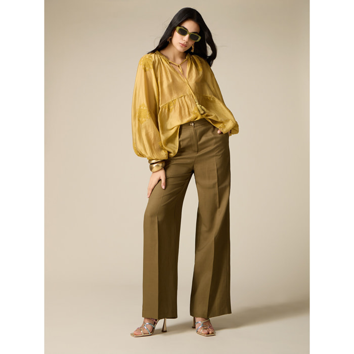 Oltre - Pantaloni palazzo in tessuto misto lino - Verde militare