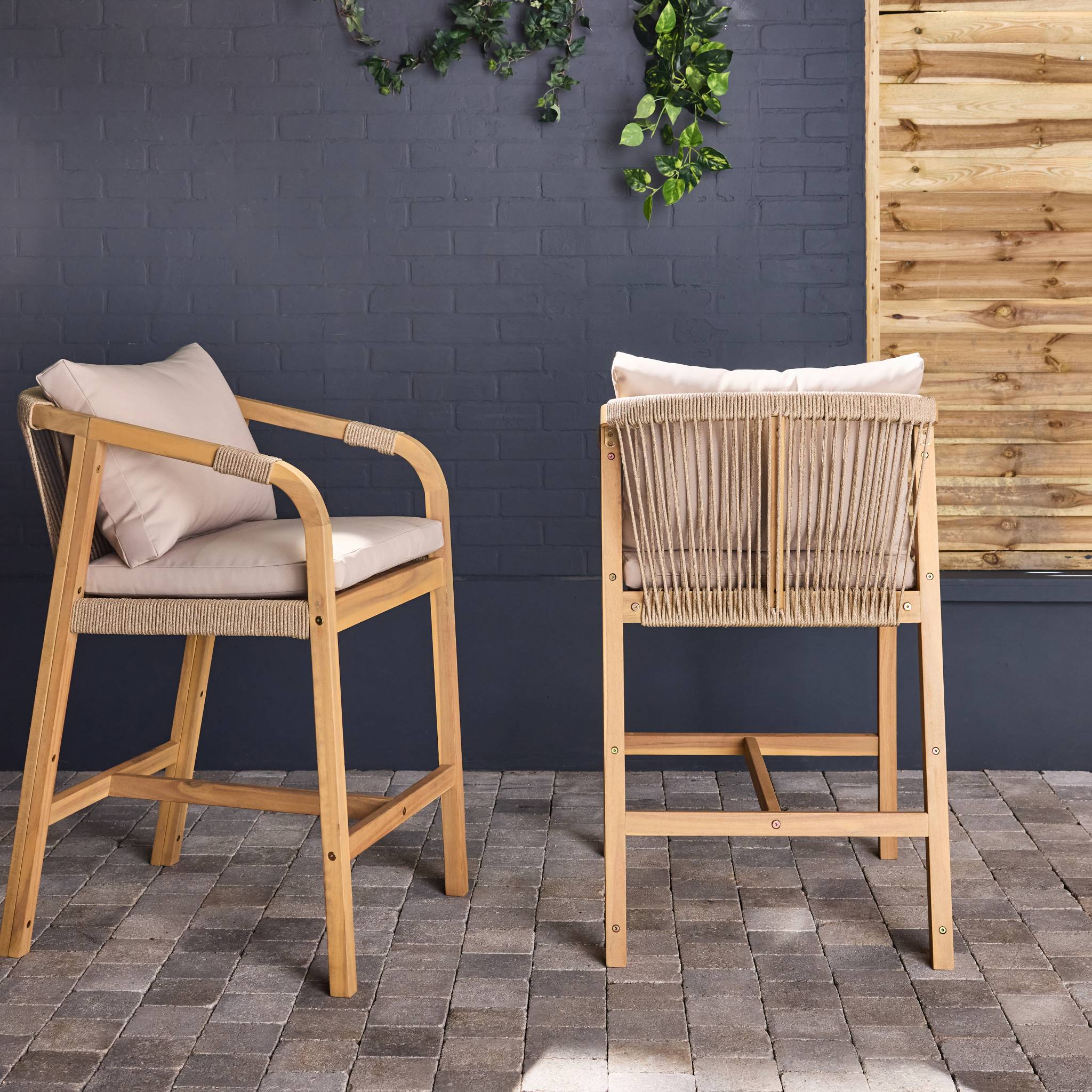 Lot de 2 fauteuils de jardin bois d'acacia et corde Zahara naturel et beige 68 x 58 x 95 cm
