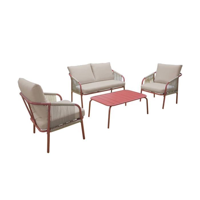 Salon de jardin FIORA en acier. 4 personnes. terracotta et beige