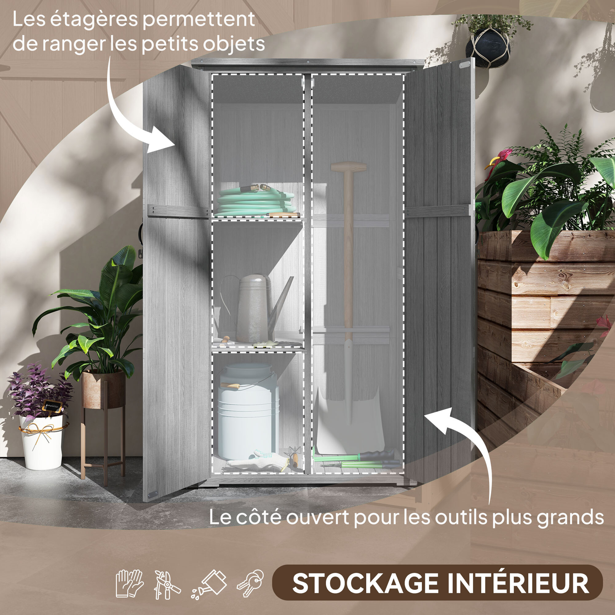Armoire de jardin abri de jardin 2 portes croisillons 2 étagères toit bitumé bois sapin gris