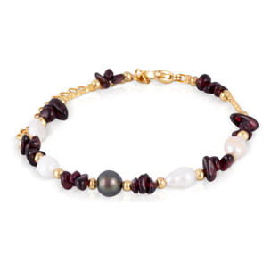 Pulsera de granates, piedras trituradas y perlas naturales con cierre de mosquetón.