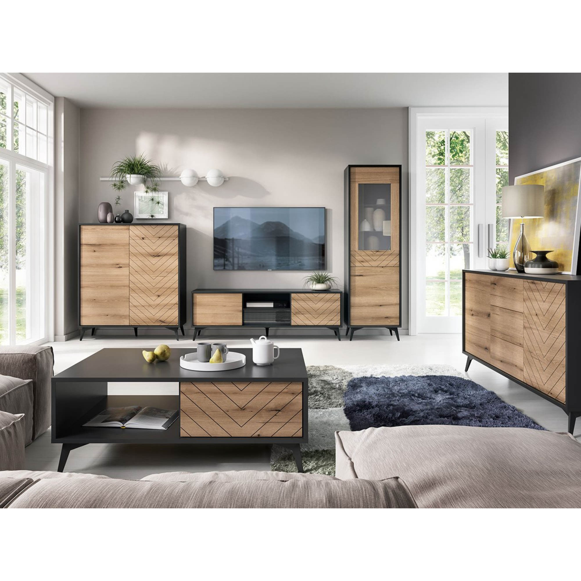 Peter - meuble TV - bois et noir - 154 cm - style industriel - Bois / Noir