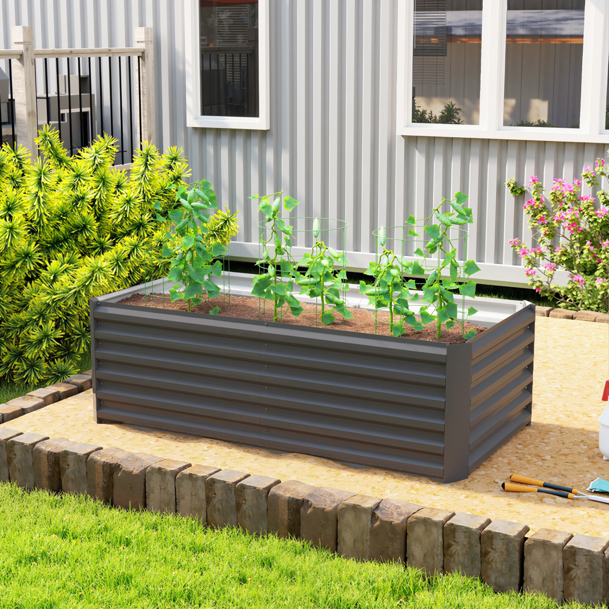 Jardinera Exterior Grande Rectangular de Acero Galvanizado, Huerto Urbano para Cultivar Plantas, Macetero Grande Exterior con Base Abierta, Resistente a la Intemperie, 180x90x57,5 cm, Gris