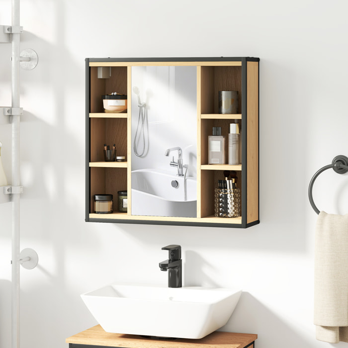 Armoire miroir murale salle de bain - 6 niches, porte, étagère - acier noir effet bois