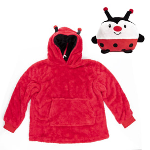 Peluche convertible en sudadera de felpa extrasuave, 60x47cm. Bolsillo frontal tipo canguro. Diseño Mariquita