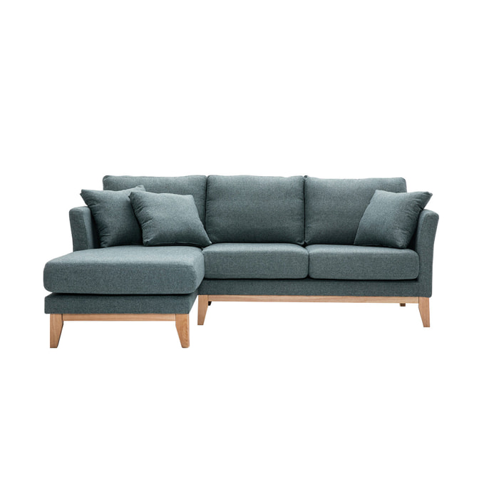 Canapé d'angle gauche déhoussable scandinave en tissu vert de gris et bois clair 3-4 places OSLO