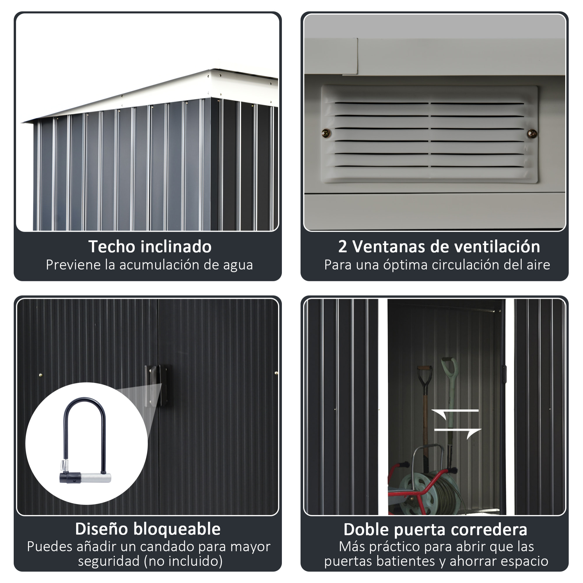 Cobertizo de Jardín 280x130x172 cm Base de 3,1 m² Caseta de Exterior Metálica para Almacenamiento de Herramientas con 2 Puertas Correderas y 2 Orificios de Ventilación Gris Oscuro
