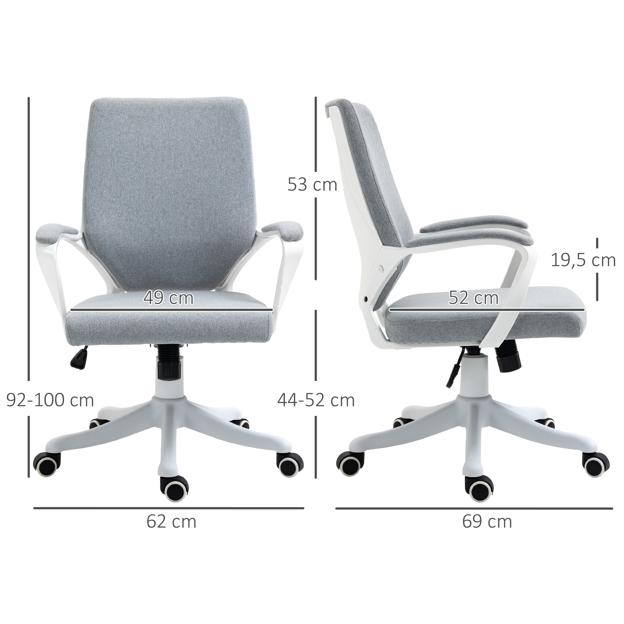 Silla de Oficina Giratoria Silla de Escritorio Ergonómica con Altura Ajustable Reposabrazos Acolchado y Soporte Lumbar Carga Máx. 120 kg 62x69x92-100 cm Gris