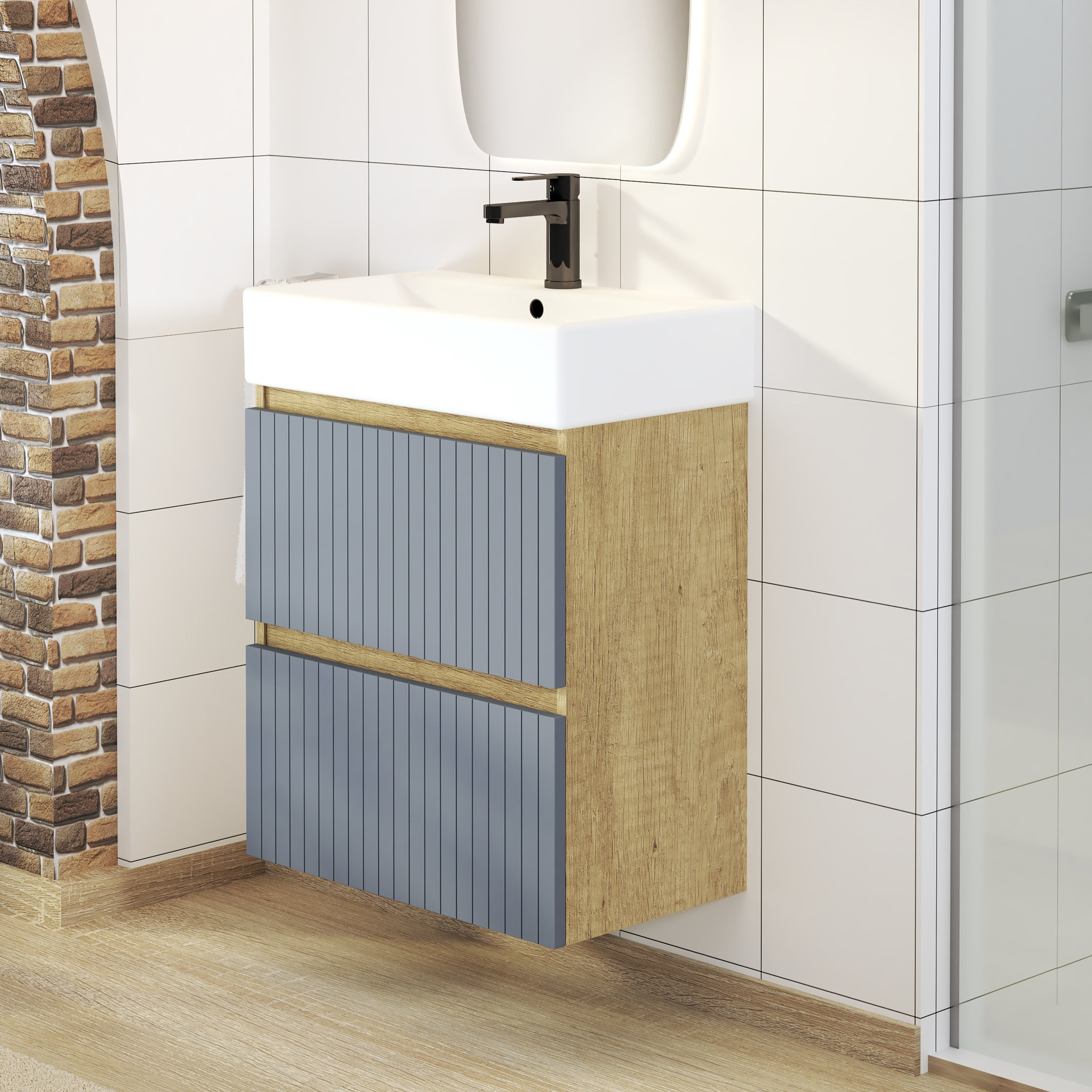 Conjunto de Baño Zel | Mueble Suspendido | 60 cm Azul | Dos Cajones | Lavabo Encastrado | No incluye Espejo | Mueble Montado| Alday
