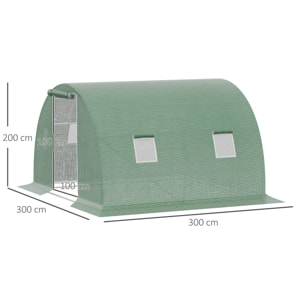 Serre tunnel de jardin 9 m² - 3 x 3 x 2 m - 4 fenêtres, porte zippée enroulable - acier galvanisé PE haute densité vert