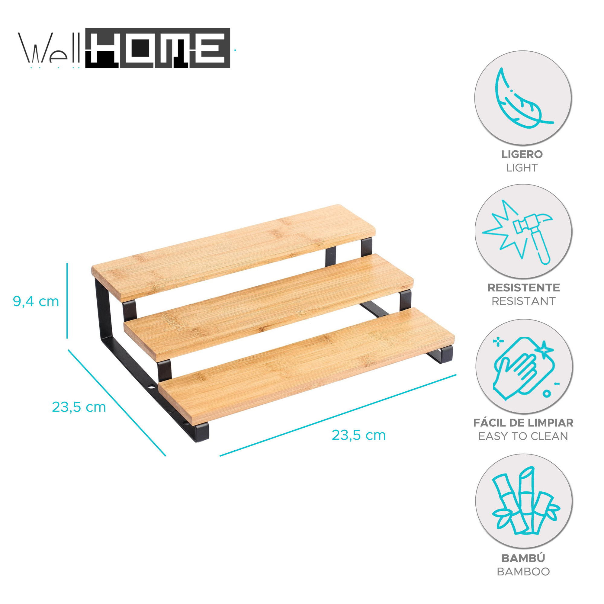 Estante de cocina ELIE de 3 Niveles 32x23,5x9,4cm en acero y bambú en color Negro