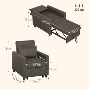 Sofá Cama de 1 Plaza 3 en 1, Sillón Cama Tapizado en Lino, con Respaldo Ajustable de 3 Niveles, Almohada Acolchada, para Oficina, Dormitorio, Salón, 69x82,5x84 cm, Marrón Oscuro