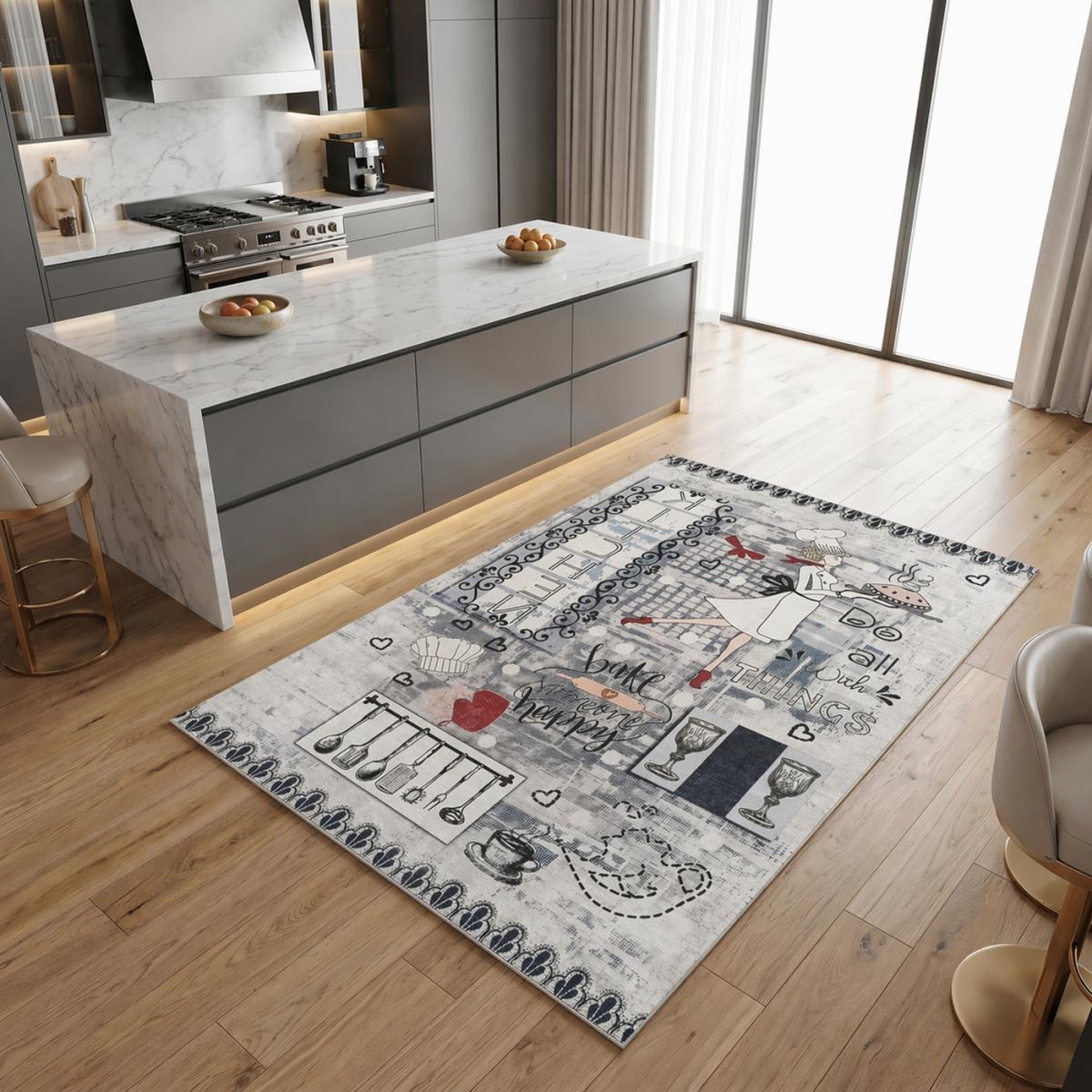 Tapis de cuisine, motif texte kilim tissé, lavable en machine