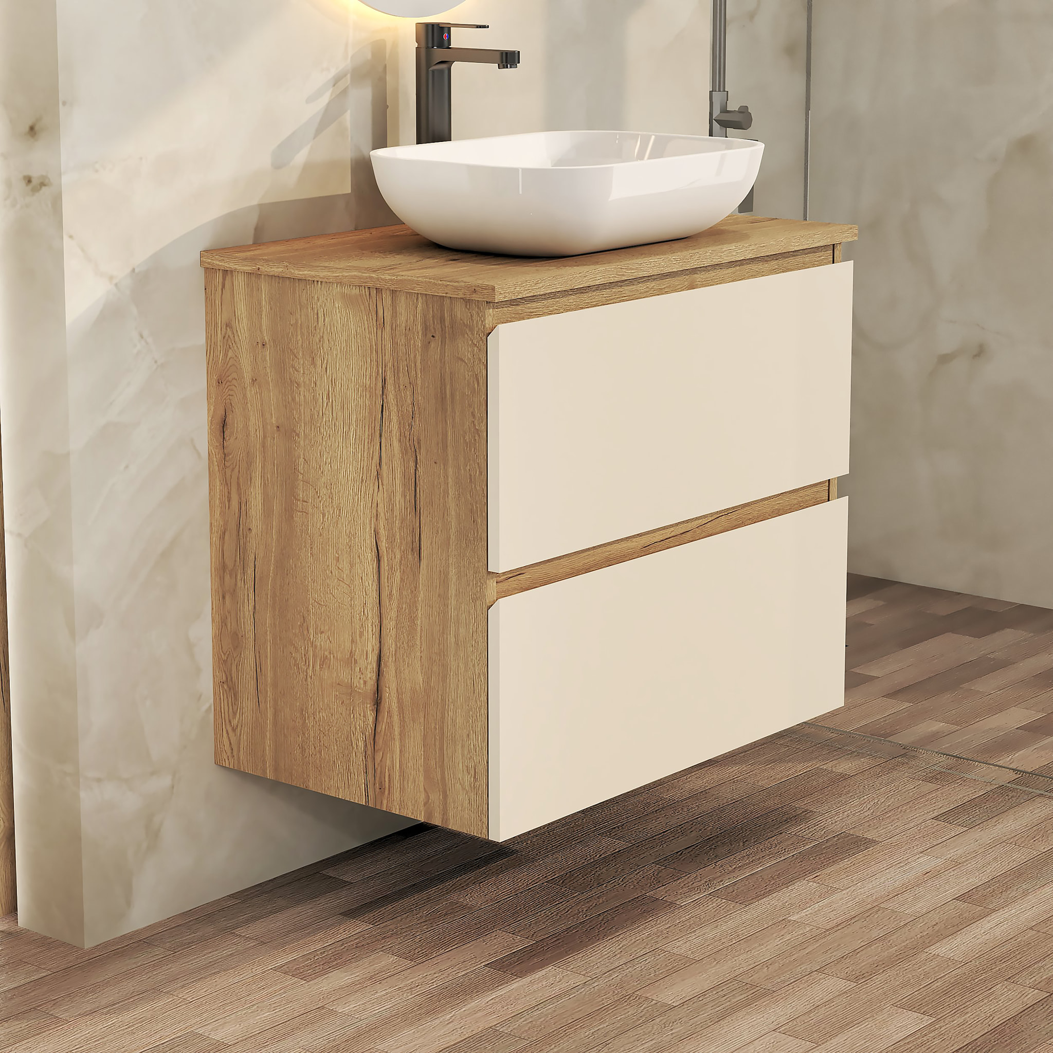 ENSEMBLE DE SALLE DE BAIN NIA | MEUBLE SUSPENDU | 70 CM GLACIER | DEUX TIROIRS |LAVABO SUR PLAN | MIROIR NON INCLUS | MEUBLE MONTÉ | ALDAY