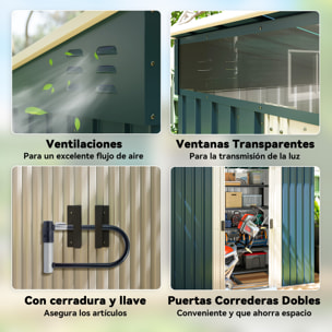 Cobertizo de Jardín Exterior, 2 m² 195x122x181,5 cm, Caseta de Jardín Exterior Metálica con Base SIN SUELO, 2 Puertas Correderas, Ventanas y Ganchos para Almacenamiento de Herramientas, Verde