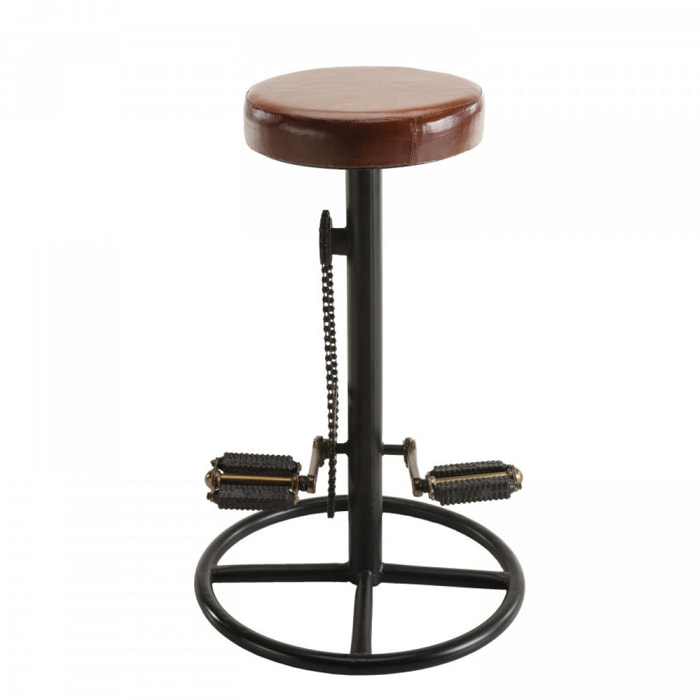 ROBIN - Tabouret de bar industriel cuir marron pieds métal noir déco pédales