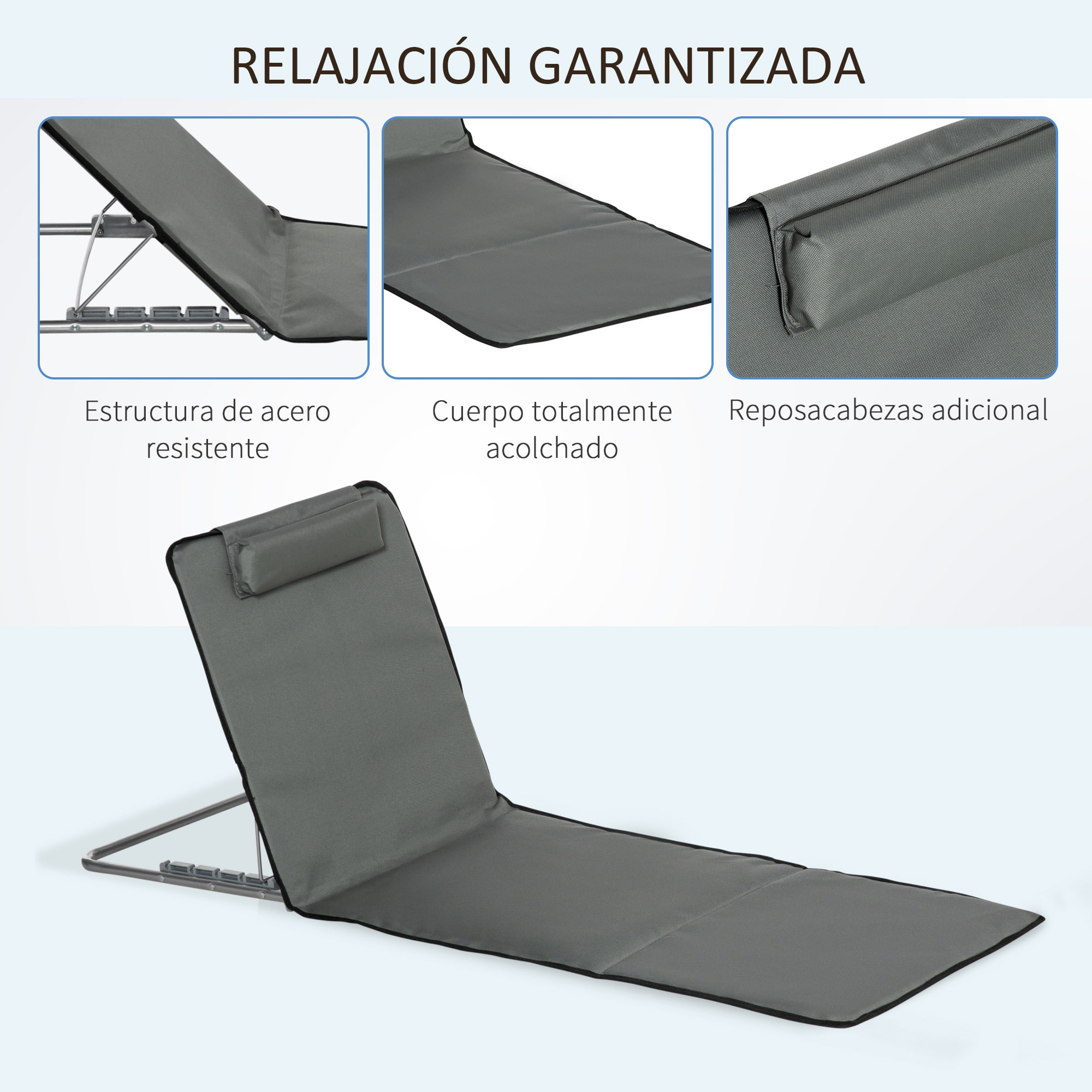 Set de 2 Esterillas de Playa Plegables 124x53x35-45 cm con Respaldo Ajustable 5 Niveles y Reposacabezas Esteras de Playa Portátil Tela Oxford Acero con Bolsa Transporte para Jardín Gris