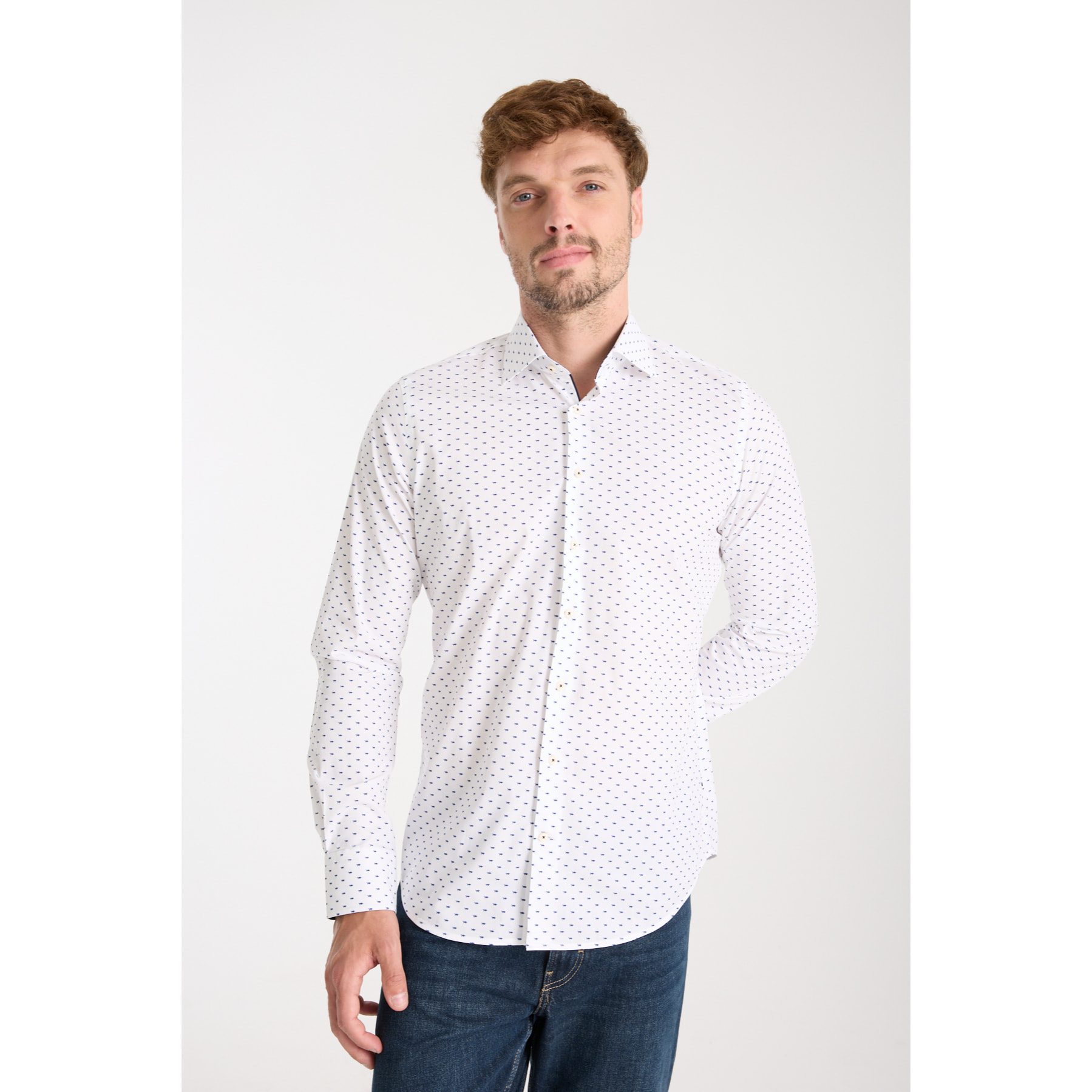 Camicia Uomo 1 Bottone Francese Slim Popeline Stretch Stampato Bianco e Blu