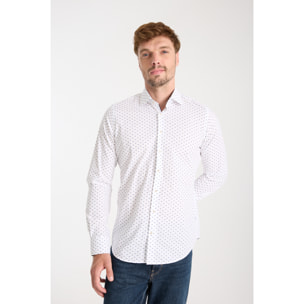 Camicia Uomo 1 Bottone Francese Slim Popeline Stretch Stampato Bianco e Blu