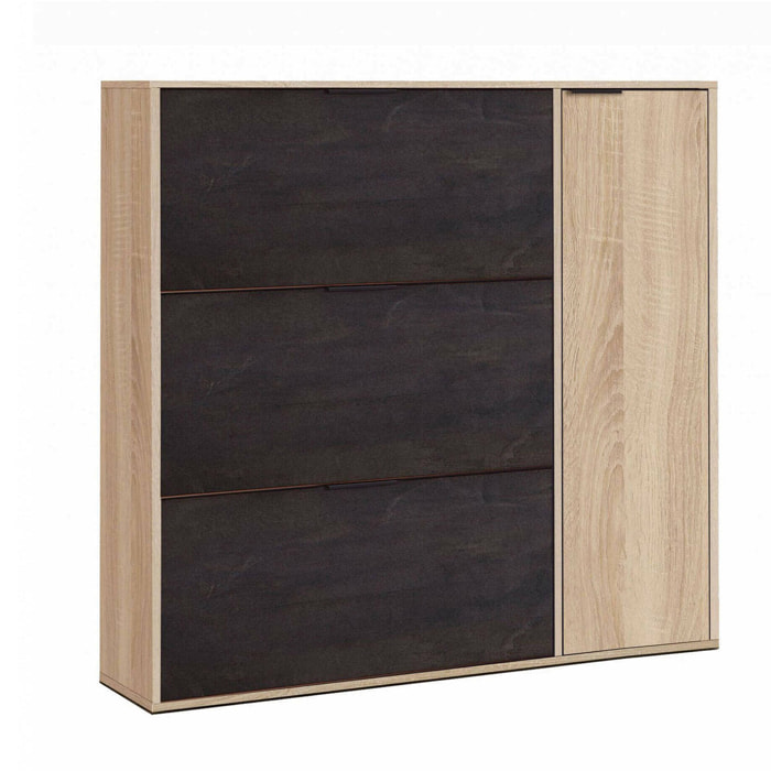 Scarpiera Ammour, Armadio portascarpe a 4 ante, Mobile basso multiuso con 5 ripiani, Scarpiera moderna, 106x22h115 cm, Rovere e Nero