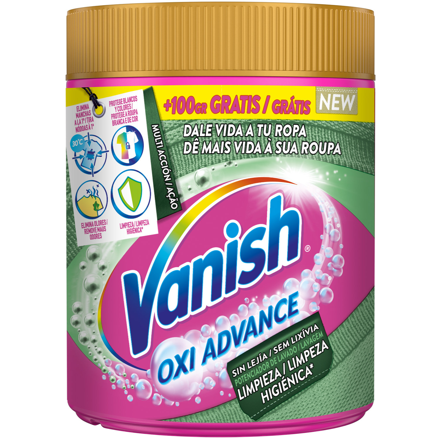 Vanish Oxi Advance Higiene - Quitamanchas multibeneficio para la ropa, limpieza higiénica, elimina olores y potenciador del lavado, en polvo, sin lejía - 800gr + 100 GR